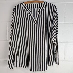 Shein Women's Blouse XL Black White Blouse Top Vertical Sriped V-neck Shirt Top